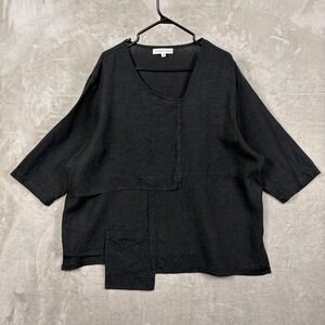 Christopher Calvin 2X Black 100% Linen Asymmetrical Lagenlook Blouse Made in USA